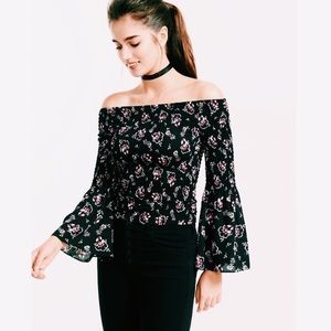 EXPRESS off the shoulder long bell sleeve top black pink floral print size M